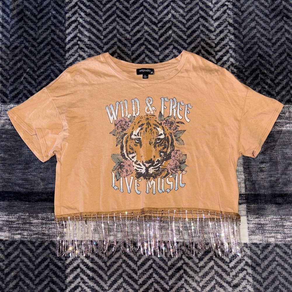 🦋Graphic Tiger Fringe Crop Top